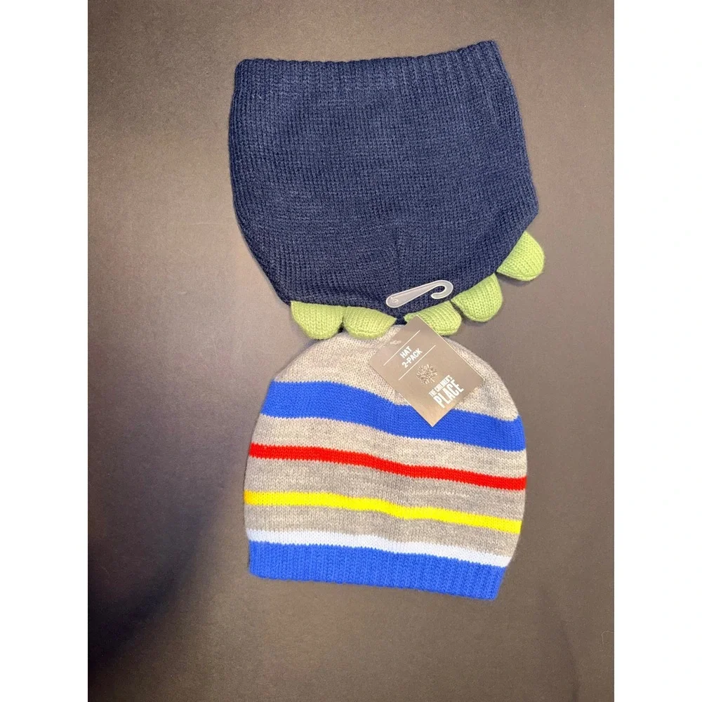 2 The Childrens Place Toddler Boys Knit Beanie Hat Dinosaur Mixed Striped 2T-3T